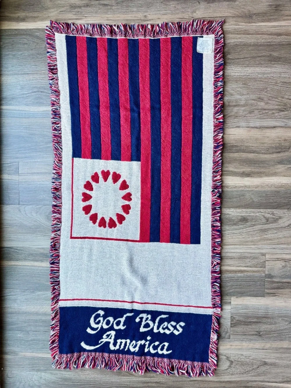Vintage Americana God Bless America Woven Cotton Fringe Tapestry Wall Decor